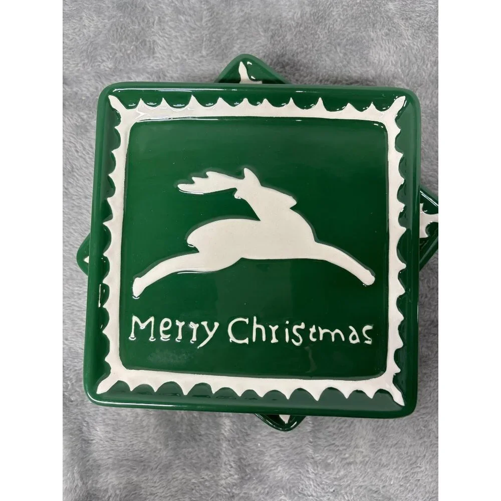 Ceramic Green Square Dessert Plate Reindeer Merry Christmas Holiday Rudolph - 6